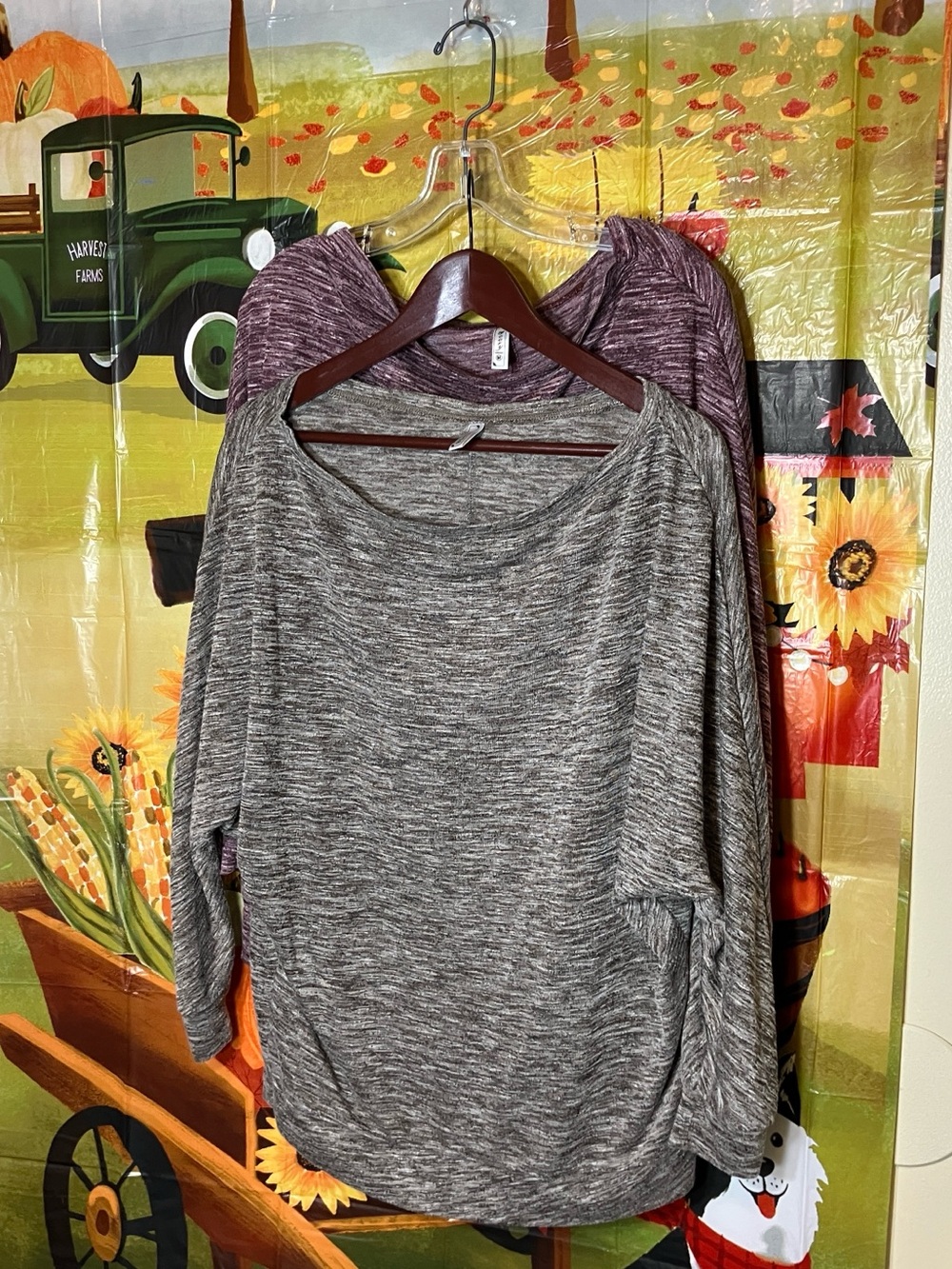 2 Women's Marled Purple and  Gray Long-Sleeve Scoop Neck Top